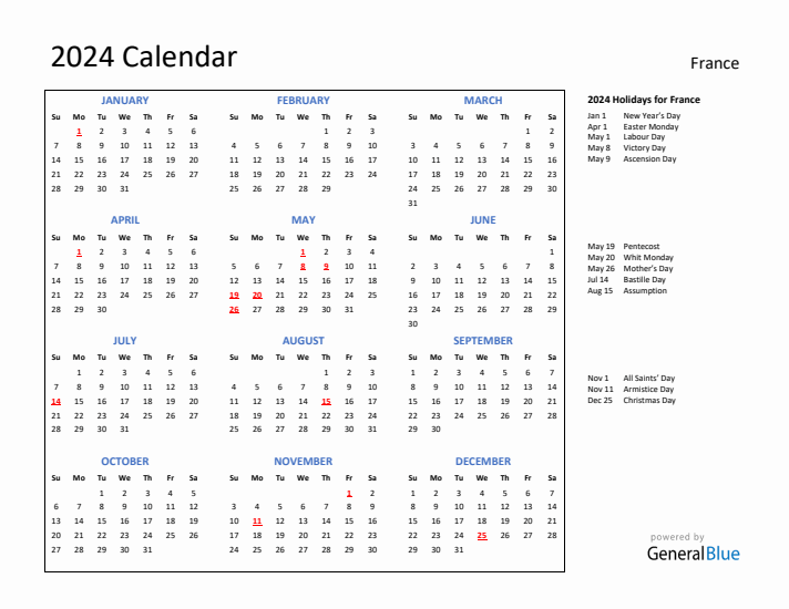 2024 Calendar with Holidays for France