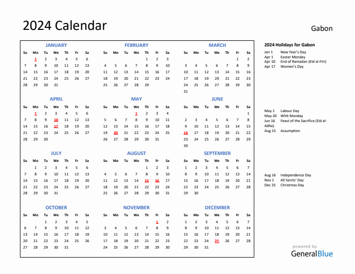 2024 Calendar with Holidays for Gabon