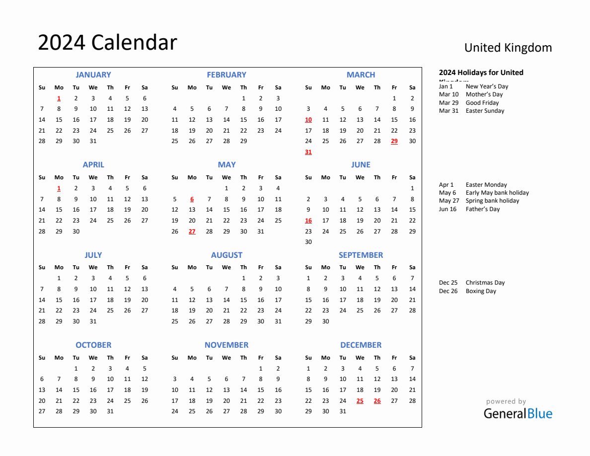 2024 Calendar with Holidays for United Kingdom