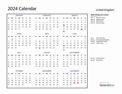 United Kingdom current year calendar 2024 with holidays