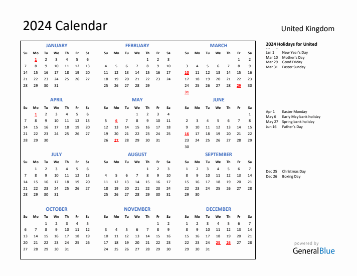 2024 Calendar with Holidays for United Kingdom