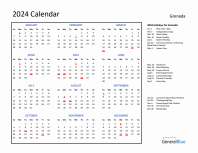 Grenada current year calendar 2024 with holidays