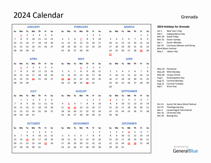 2024 Calendar with Holidays for Grenada