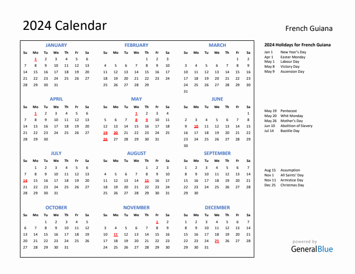 2024 Calendar with Holidays for French Guiana