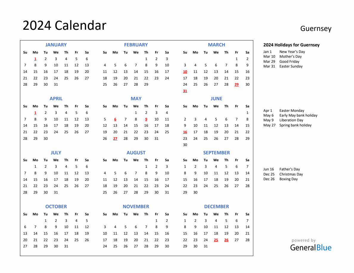 2024 Calendar with Holidays for Guernsey