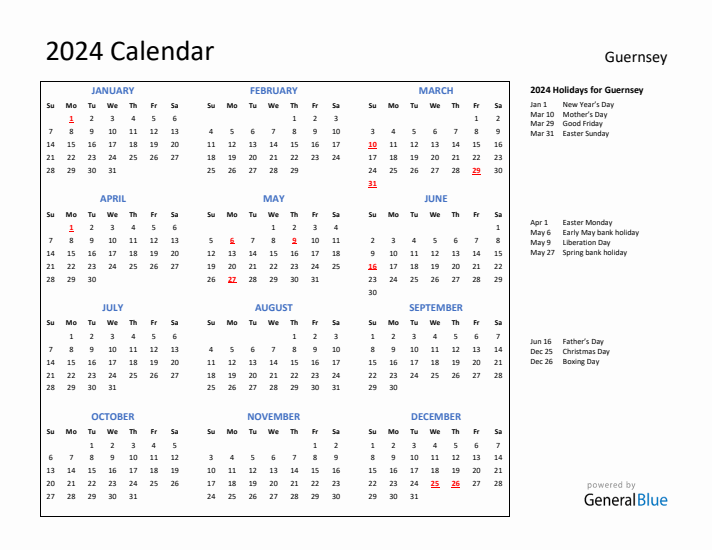 2024 Calendar with Holidays for Guernsey