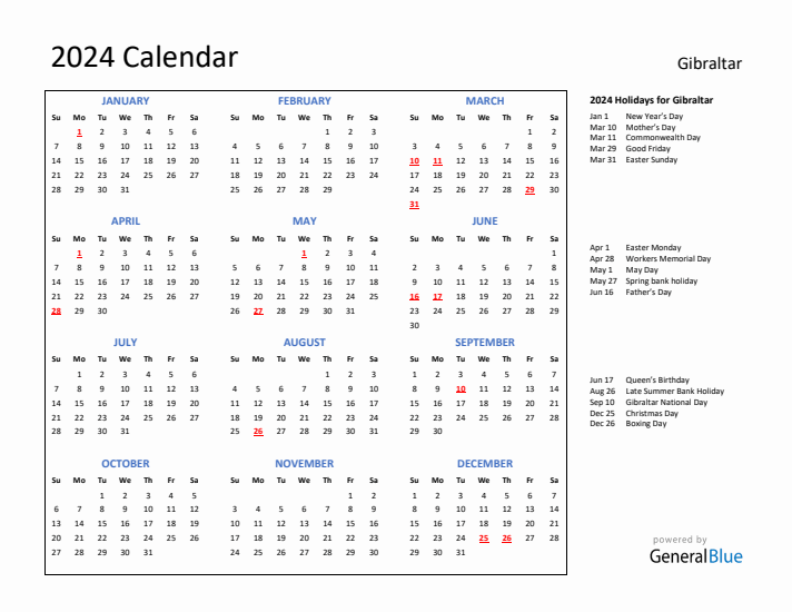 2024 Calendar with Holidays for Gibraltar