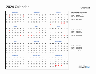 Greenland current year calendar 2024 with holidays