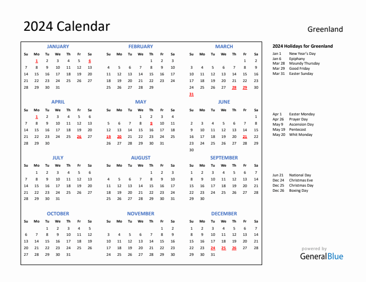 2024 Calendar with Holidays for Greenland