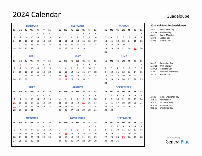 2024 Calendar with Holidays for Guadeloupe