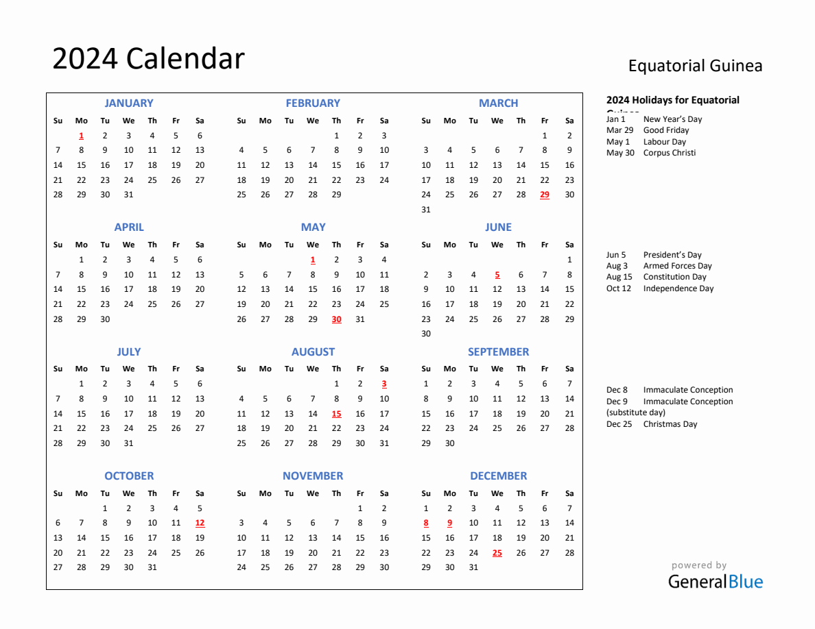 2024 Calendar With Holidays For Equatorial Guinea   2024 Calendar Plain With Holidays Landscape Sunday Start En Gq 1188x918 