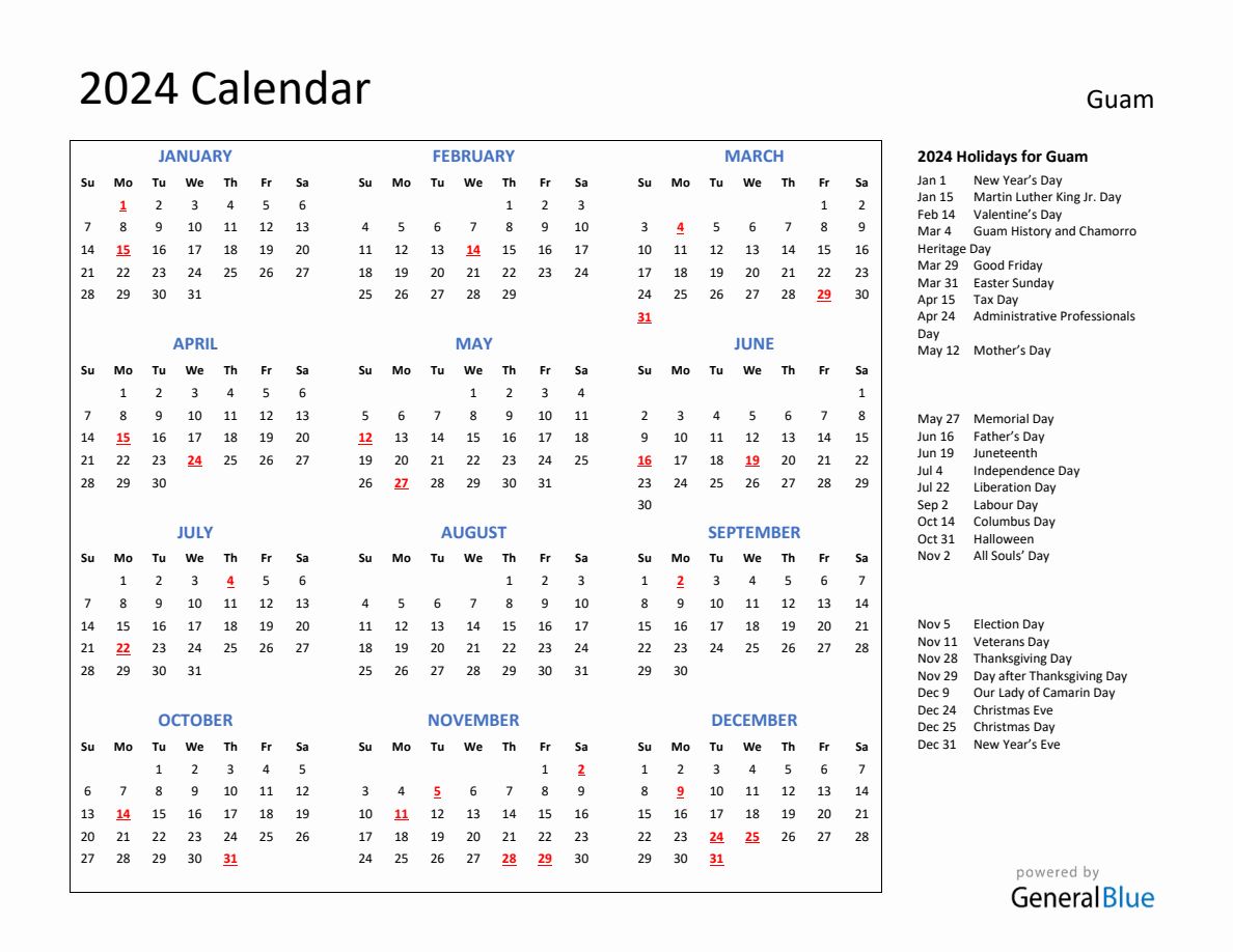 2024 Calendar with Holidays for Guam