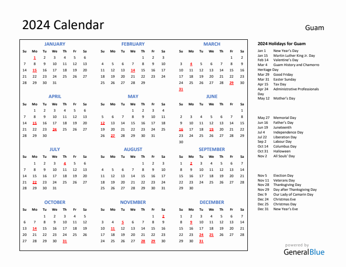 2024 Calendar with Holidays for Guam