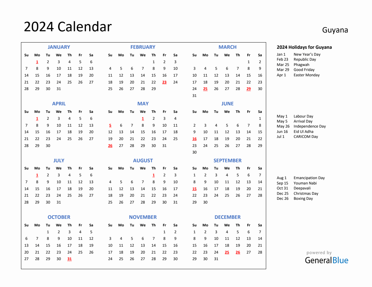 2024 Calendar with Holidays for Guyana