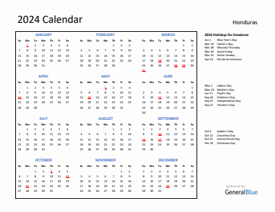 Honduras current year calendar 2024 with holidays