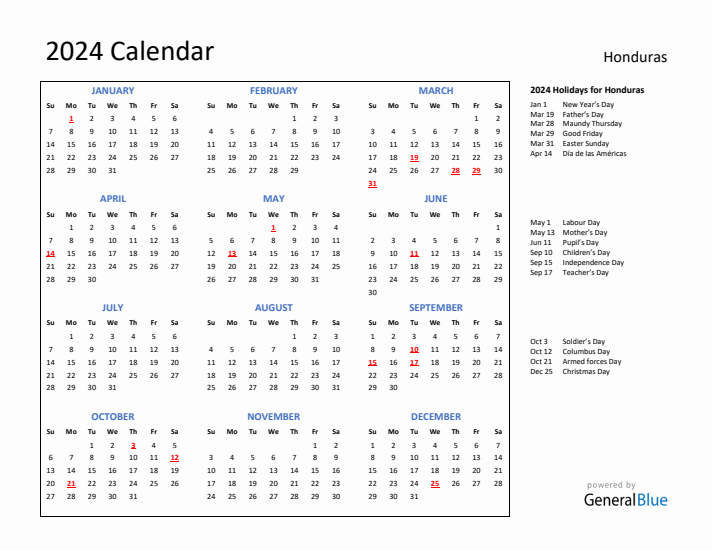 2024 Calendar with Holidays for Honduras