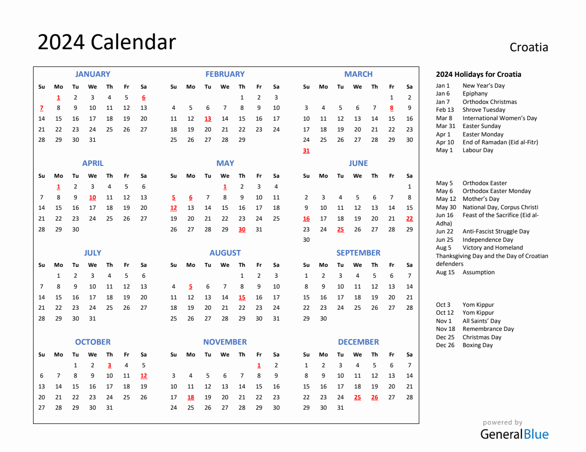 2024 Calendar with Holidays for Croatia