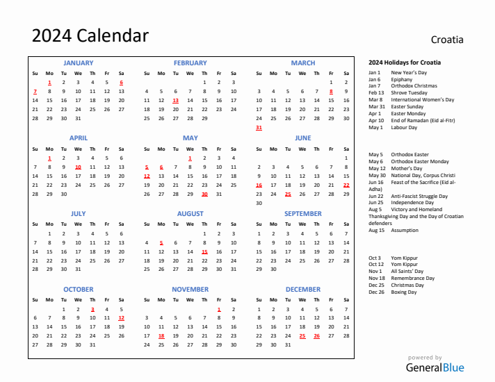 2024 Calendar with Holidays for Croatia