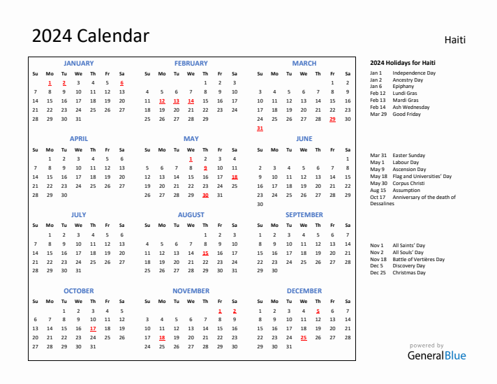 2024 Calendar with Holidays for Haiti