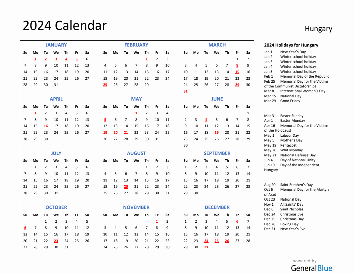 2024 Calendar with Holidays for Hungary