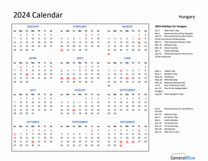 2024 Calendar with Holidays for Hungary