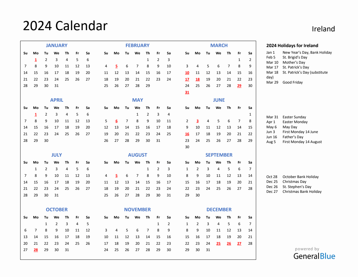 2024 Calendar with Holidays for Ireland