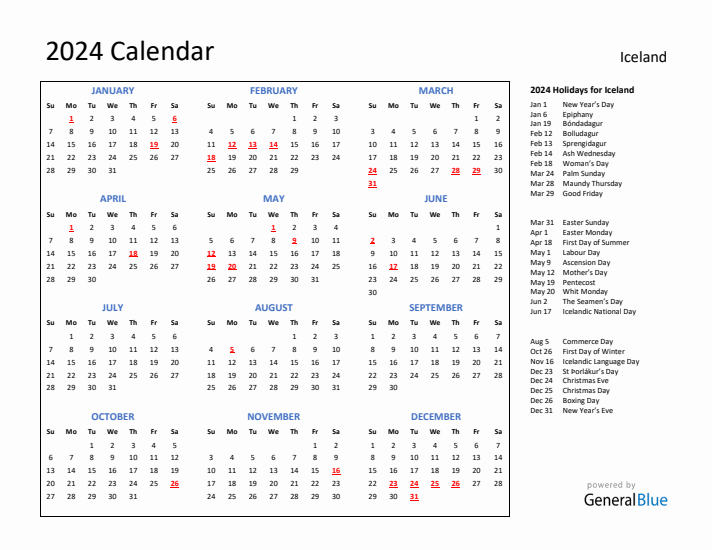 2024 Calendar with Holidays for Iceland