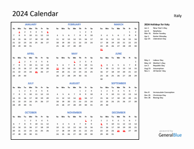 Italy current year calendar 2024 with holidays