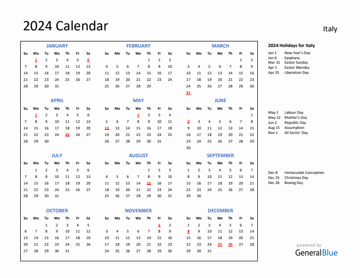 2024 Calendar with Holidays for Italy