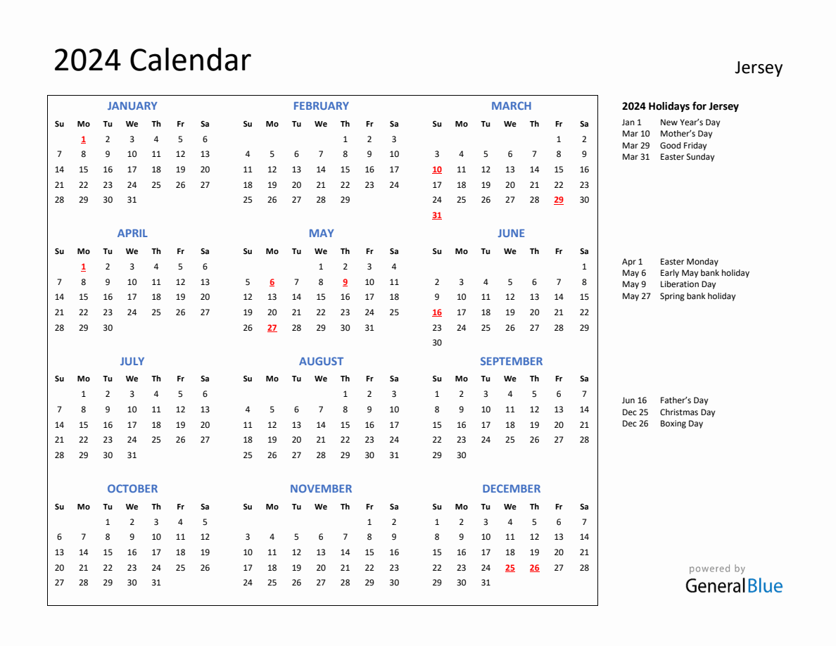 2024 Calendar with Holidays for Jersey