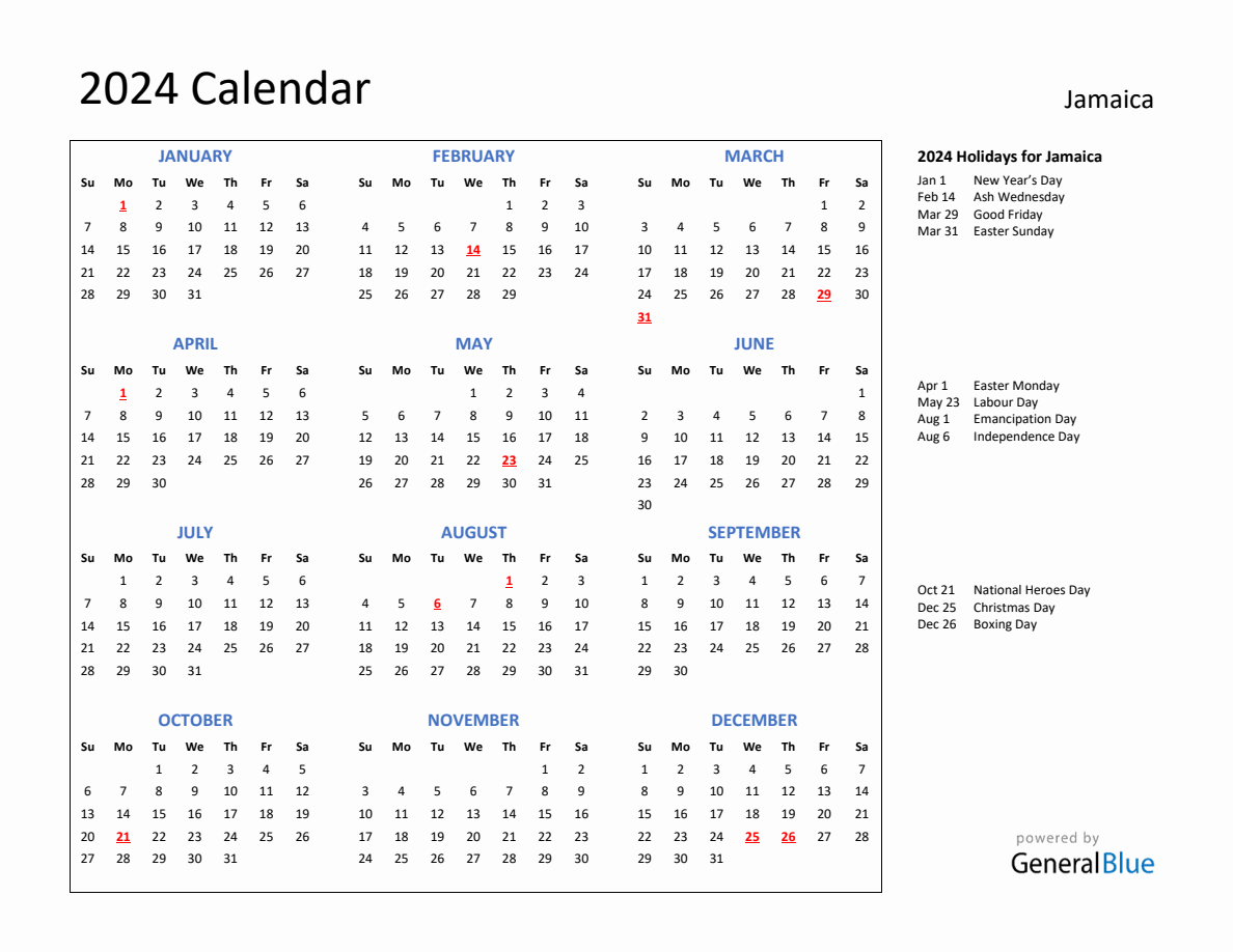 2024 Calendar Plain With Holidays Landscape Sunday Start En Jm 1188x918 