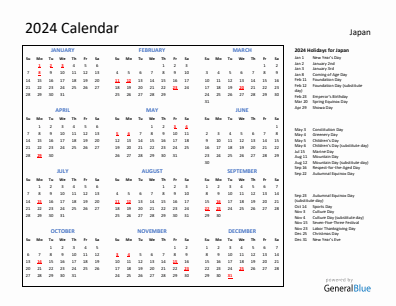 Japan current year calendar 2024 with holidays