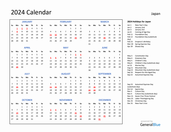 2024 Calendar with Holidays for Japan