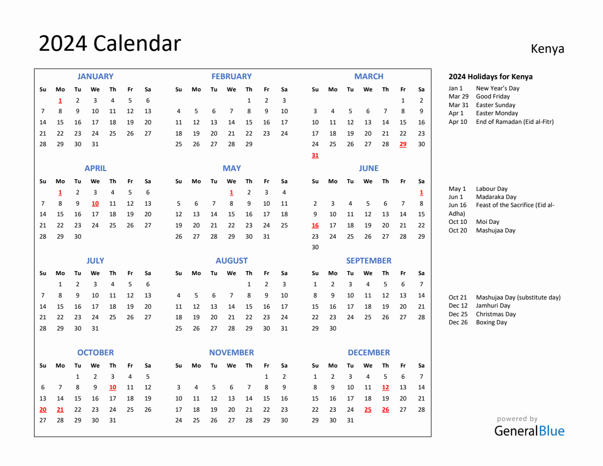 2024 Calendar with Holidays for Kenya