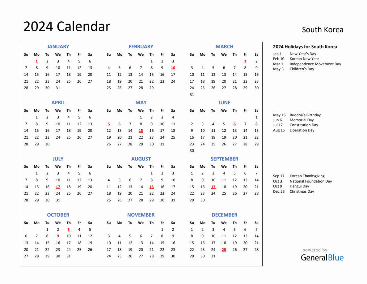 2024 Calendar with Holidays for South Korea