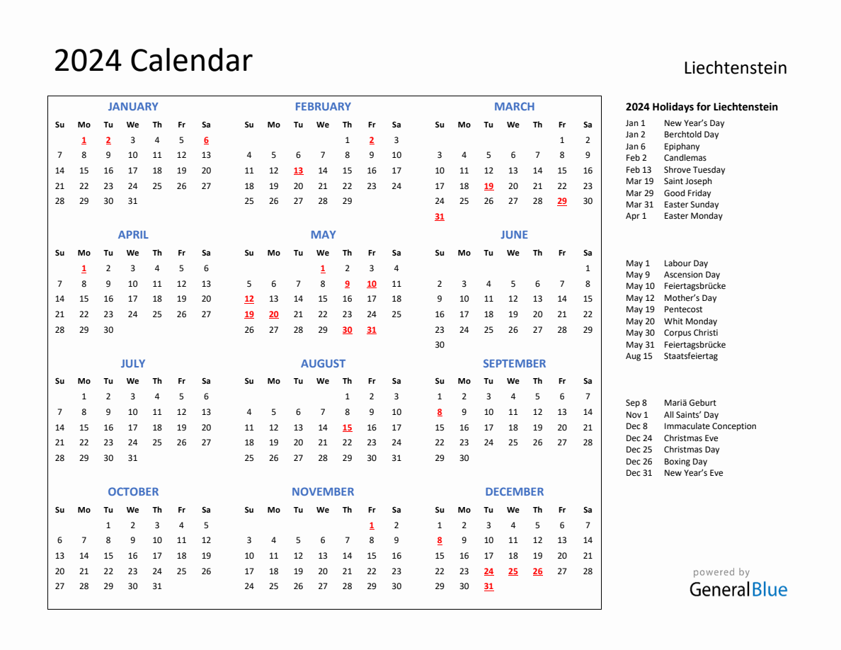 2024 Calendar with Holidays for Liechtenstein