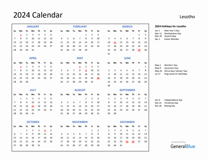 2024 Calendar with Holidays for Lesotho