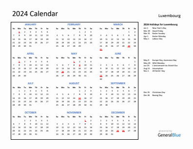 Luxembourg current year calendar 2024 with holidays