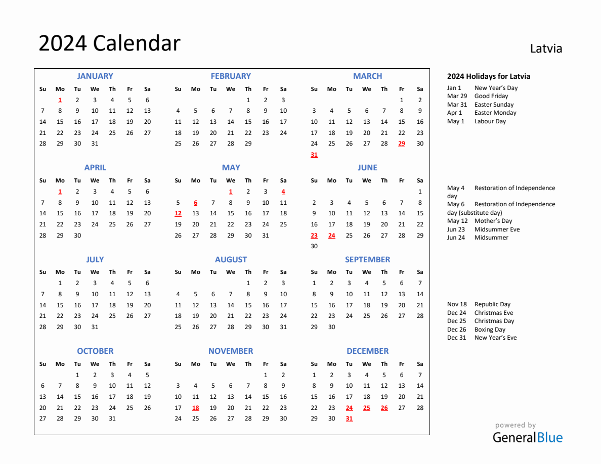 2024 Calendar with Holidays for Latvia