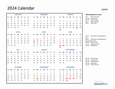 Latvia current year calendar 2024 with holidays