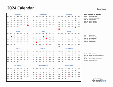 Monaco current year calendar 2024 with holidays