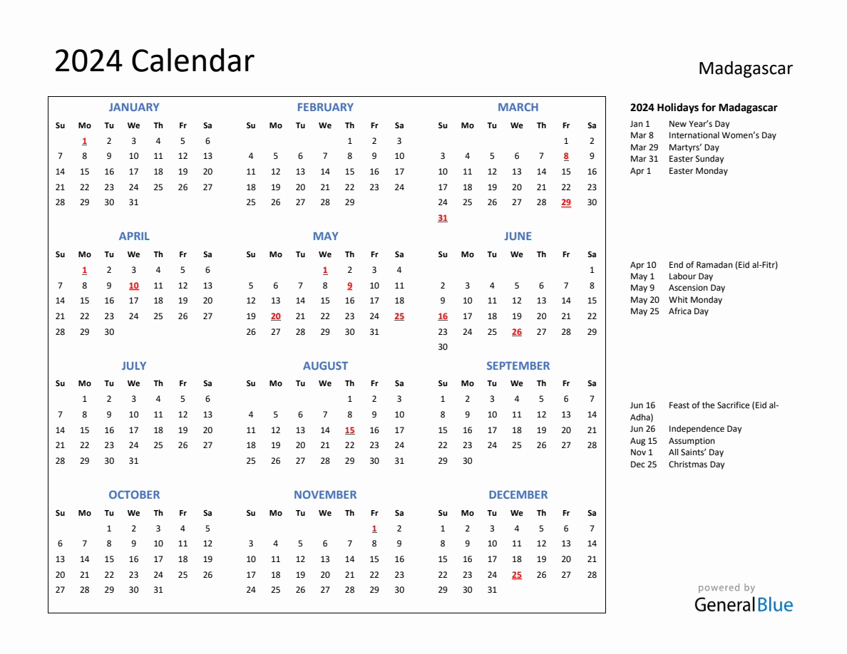 2024 Calendar with Holidays for Madagascar