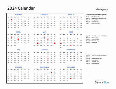 Madagascar current year calendar 2024 with holidays