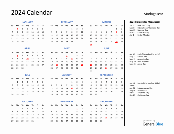 2024 Calendar with Holidays for Madagascar