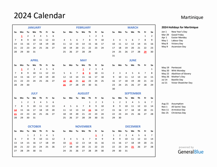 2024 Calendar with Holidays for Martinique