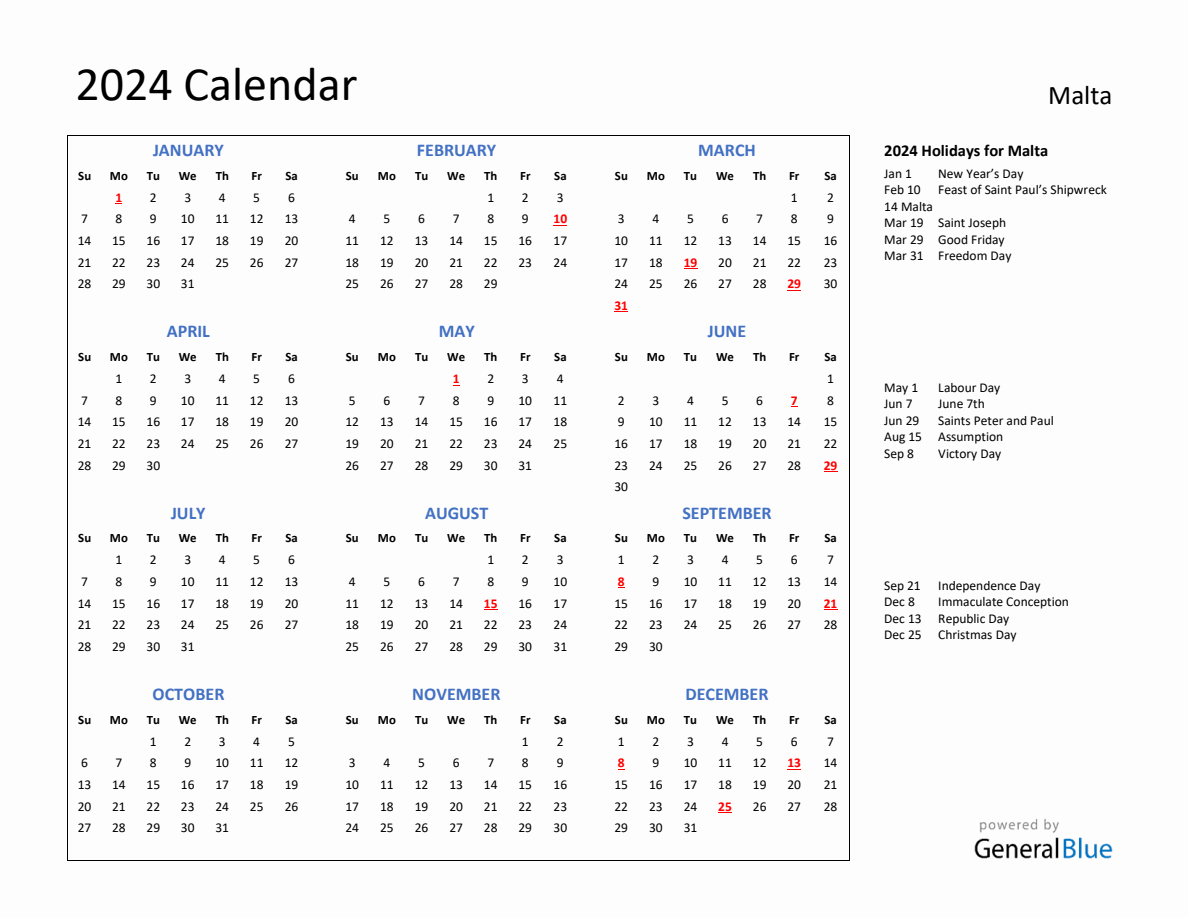 2024 Calendar with Holidays for Malta