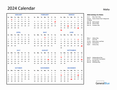 Malta current year calendar 2024 with holidays