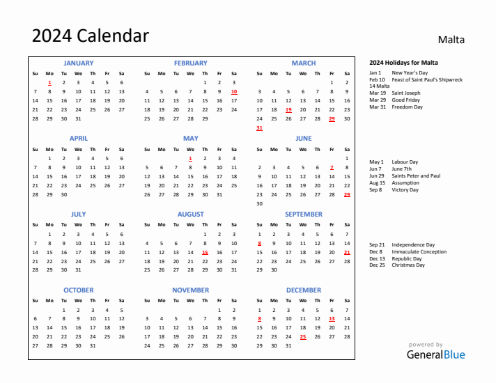 2024 Calendar with Holidays for Malta