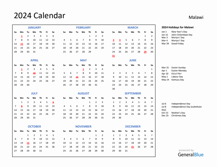 2024 Calendar with Holidays for Malawi