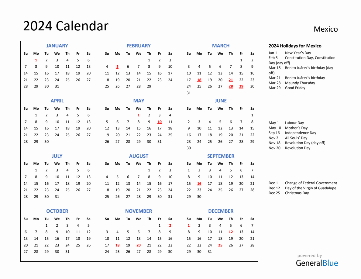 2024 Calendar with Holidays for Mexico